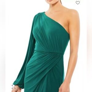 Mac Duggal Emerald One Shoulder Gown 2091 Puff Sleeve Ruched Slit Dress 8